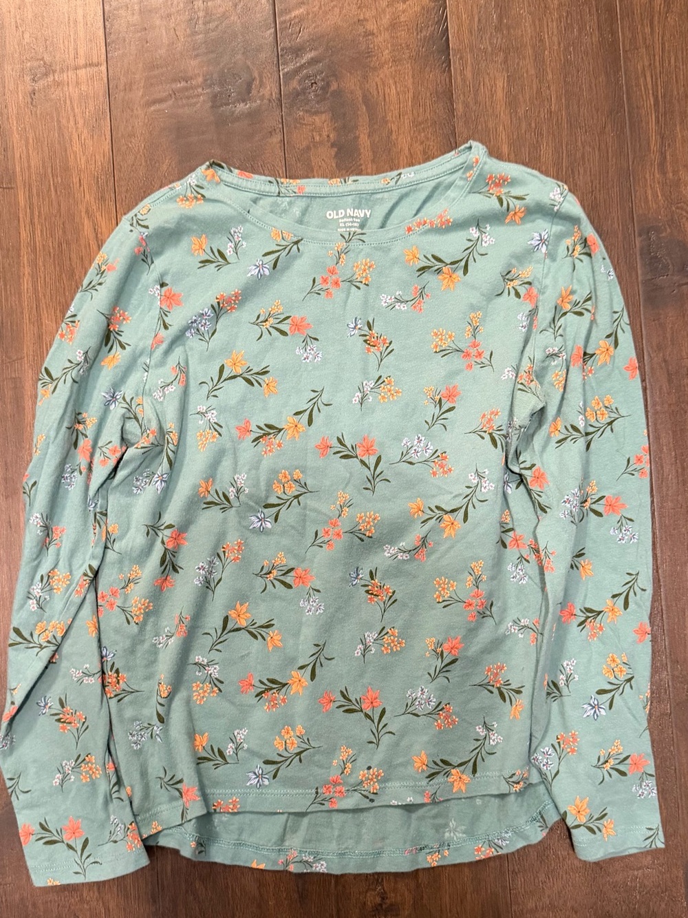 Old Navy Mint Green Floral Long-Sleeve Tee with Orange and White Blossoms